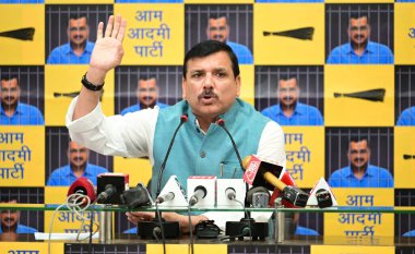 NEW DELHI, INDIA - APRIL 19:  AAP Rajya Sabha MP Sanjay Singh addresses a press conference at AAP Headquarters, DDU Marg,  on April 19, 2024 in New Delhi, India.  clipart