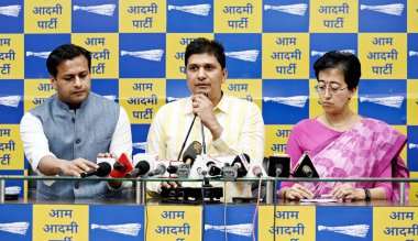 NEW DELHI, INDIA - APRIL 2, 2024: AAP leaders and Delhi Cabinet Minister Saurabh Bharadwaj, Atishi Singh and AAP Leader Jasmine Shah address a press conference after Supreme Court grants bail to AAP leader Sanjay Singh in Delhi excise policy case. clipart