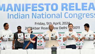 NEW DELHI, INDIA - APRIL 5: Congress President Mallikarkun Kharge with senior party leaders Sonia Gandhi, Rahul Gandhi, KC Venugopal and P. Chidambaram releases the party's manifesto ahead of Lok Sabha elections 2024 on April 5, 2024 in New Delhi clipart