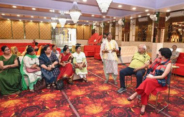 NEW DELHI, INDIA - APRIL 10: Women of East Delhi Lok Sabha constituency participating in Anokhi Panchayat (women parliament) for upcoming Lok Sabha election at Raghu Nath Temple Krishana Nagar, on April 10, 2024 in New Delhi, India.  clipart