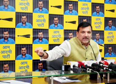 NEW DELHI, INDIA - APRIL 19:  AAP Rajya Sabha MP Sanjay Singh addresses a press conference at AAP Headquarters, DDU Marg,  on April 19, 2024 in New Delhi, India.  clipart