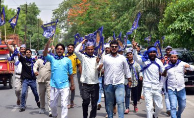 GHAZIABAD, INDIA - APRIL 21: Bahujan Samaj Party's supporters during election rally at Ramlila Ground Kavi Nagar, on April 21, 2024 in Ghaziabad, India.  clipart