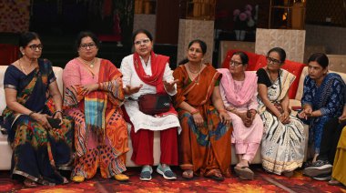 NEW DELHI, INDIA - APRIL 10: Women of East Delhi Lok Sabha constituency participating in Anokhi Panchayat (women parliament) for upcoming Lok Sabha election at Raghu Nath Temple Krishana Nagar, on April 10, 2024 in New Delhi, India.  clipart