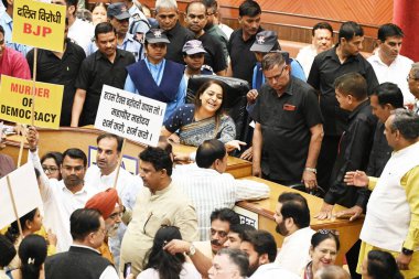 NEW DELHI, INDIA - APRIL 26:  BJP and AAP councilors protest in house of councilors sessions at Civic Centre. The meeting was originally scheduled to hold the elections for the post of mayor and deputy mayor  on April 26, 2024 in New Delhi, India.   clipart