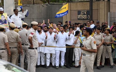 NEW DELHI, INDIA - APRIL 3: AAP Workers gathered outside Tihar Jail before AAP MP Sanjay Singh release, on April 3, 2024 in New Delhi, India. AAP MP Sanjay Singh walked out of Tihar jail on Wednesday a day after the Supreme Court granted him bail in  clipart