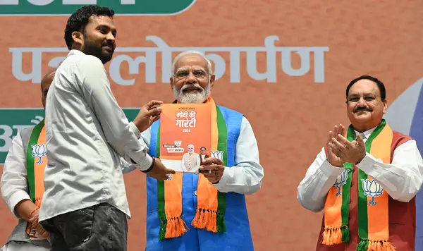 Stock image NEW DELHI, INDIA - APRIL 14, 2024: Prime Minister Narendra Modi with Union Defence Minister Rajnath Singh and Home Minister Amit Shah, BJP National president JP Nadda, Minister of Finance Nirmala Sitharaman. 