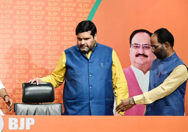 Stock image NEW DELHI, INDIA - APRIL 4: Congress National spokesperson Gourav Vallabh joins BJP in the presence of Vinod Tawde at BJP HQ at DDU Marg on April 4, 2024 in New Delhi, India.