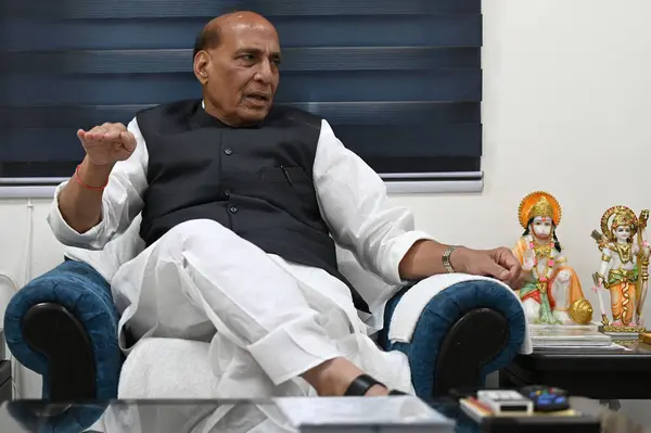 stock image NEW DELHI, INDIA - APRIL 20: Union Defence Minister Rajnath Singh speaks during an exclusive interview with Hindustan Times, on April 20, 2024 in New Delhi, India. 