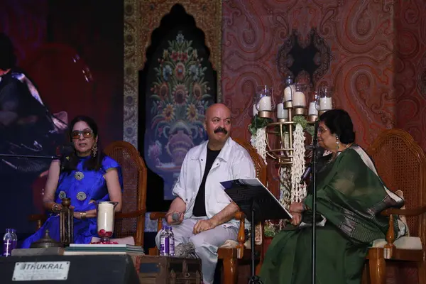 stock image NEW DELHI, INDIA - MARCH 29, 2024: Bollywood actor Neena Gupta, Playwright Danish Iqbal and organizer Neelam Kohli during an event organized by Lutff and Prajna Foundation to celebrate 35 years of the TV serial on the poet Mirza Ghalib's life