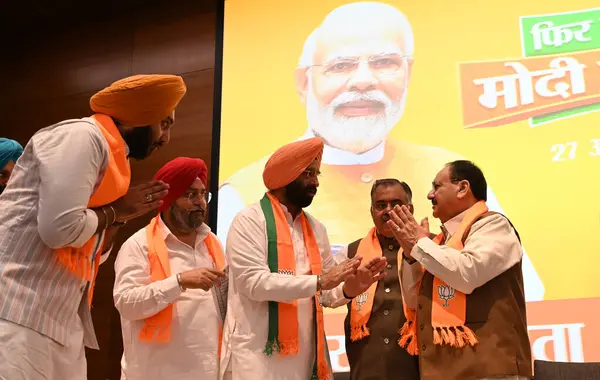 stock image NEW DELHI, INDIA - APRIL 27, 2024: Delhi 7 members of Delhi Sikh Gurdwara Management Committee Jasmin Singh Noni, Parminder Singh Lucky, Bhupender Singh Ginni, Ramandeep Singh Thapar, Ramanjot Singh Meeta, Harjeet Singh Pappa, Manjeet Singh Aulakh.