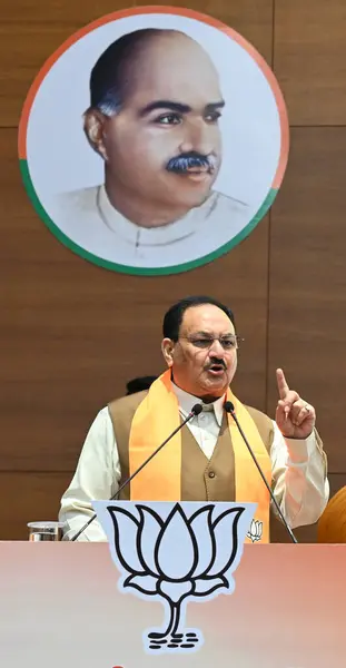 stock image NEW DELHI, INDIA - APRIL 27, 2024: BJP National Party President JP Nadda addresses the Sikh peoples during the Delhi 7 members of Delhi Sikh Gurdwara Management Committee Jasmin Singh Noni, Parminder Singh Lucky, Bhupender Singh Ginni.