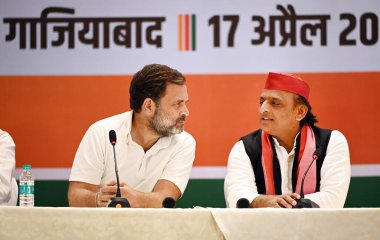 GHAZIABAD, INDIA - APRIL 17: Congress Leader Rahul Gandhi and Samajwadi Party Chief Akhilesh Yadav addressing a joint press conference of INDIA parties at Kaushambi on April 17, 2024 in Ghaziabad, India.  clipart