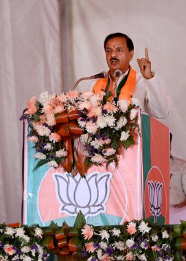 GREATER NOIDA, INDIA - 23 Nisan 2024: Bharatiya Janata Partisi (BJP) Gautam Budh Nagar adayı Dr. Mahesh Sharma, 23 Nisan 2024 tarihinde Bisahda köyü Dadri 'de yapılacak Lok Sabha seçimleri öncesinde, seçim kampanyası mitinginde. (Ph
