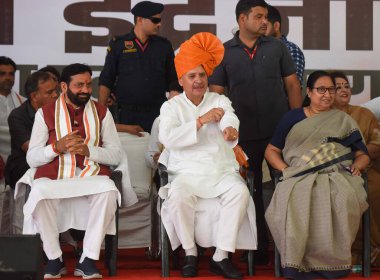 GURUGRAM, INDIA - APRIL 29, 2024: Chief Minister of Haryana, Nayab Singh Saini, Union Minister of State and BJP Gurugram parliamentary constituency candidate, Rao Inderjit Singh and Former MP Sudha Yadav during the nomination rally at Civil line  clipart