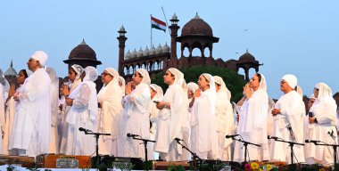 NEW DELHI, INDIA - APRIL 27, 2024: Sikh Women Kirtan - Group Women Satsang Sabha Delhi during the Delhi Fateh Diwas,(Delhi Victory Day) commemorating 400th birth anniversary of Mata Gujri Ji,organized by the Delhi Sikh Gurdwara Management Committee clipart