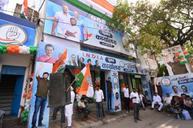 NEW DELHI, INDIA - APRIL 28, 2024: Election office of the Congress party (India Alliance) Candidate from North East Delhi for Lok Sabha Kanhaiya Kumar near Maujpur Metro station , on April 28, 2024 in New Delhi, India. clipart