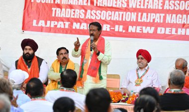 BJP Candidate for East Delhi Lok Sabha seat Harsh Malhotra seen during an election campaign at Lajpat Nagar  on April 24, 2024 in New Delhi, India. clipart