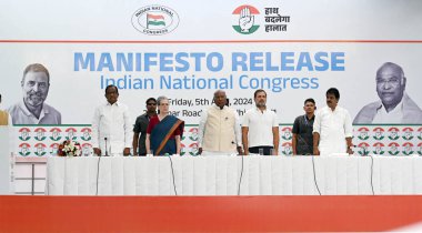 NEW DELHI, INDIA - APRIL 5: Congress President Mallikarkun Kharge with senior party leaders Sonia Gandhi, Rahul Gandhi, KC Venugopal and P. Chidambaram releases the party's manifesto ahead of Lok Sabha elections 2024 on April 5, 2024 in New Delhi clipart