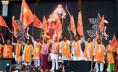 NEW DELHI - APRIL 21, 2024: Uttarakhand CM Pushkar Singh Dhami and Delhi BJP President Virendra Sachdeva with BJP candidates from Delhi for Lok Sabha election Bansuri Swaraj, Kamaljeet Sehrawat, Praveen Khandelwal, Manoj Tiwari, Ramvir Singh Bidhuri clipart