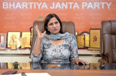 NEW DELHI, INDIA - APRIL 26: BJP candidate from West Delhi Lok Sabha Constituency Kamaljeet Sehrawat during an interaction with HT on April 26, 2024 in New Delhi, India.  clipart