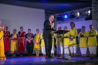 NEW DELHI, INDIA - APRIL 13, 2024: Kenneth Felix Haczynski da Nobrega, Ambassador of Brazil to India during event titled 'Experience the Experiment ', the fusion of Indian classical dance's rhythm with art of Brazilian football at Triveni Kala Sang. clipart