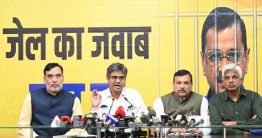 NEW DELHI, INDIA - APRIL 8, 2024: Senior AAP Leader and Rajya Sabha Member Sanjay Singh, Rajya Sabha MP Sandeep Pathak, Delhi State Convenor Gopal Rai and Pankaj Gupta addressing media person before launching election campaign new poster. clipart