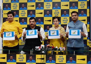 NEW DELHI, INDIA - APRIL 17, 2024: AAP Rajya Sabha MP Sanjay Singh (2L) with Atishi (3L), Saurabh Bharadwaj (L) and Senior leader Jasmine Shah (4L) address a press conference to announce AAP ka Ramrajya website at AAP HQ at Rouse Avenue. clipart