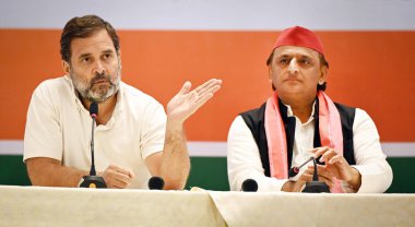 GHAZIABAD, INDIA - APRIL 17: Congress Leader Rahul Gandhi and Samajwadi Party Chief Akhilesh Yadav addressing a joint press conference of INDIA parties at Kaushambi on April 17, 2024 in Ghaziabad, India.  clipart