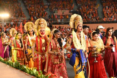 NEW DELHI, INDIA - APRIL 21: Artists dressed up as Lord Sri Ram Sita during 'Hindu Nav Varsh' function at Indira Gandhi Indoor stadium on April 21, 2024 in New Delhi, India. Ahead of the Lok Sabha polls in the national capital, the Delhi BJP hosted a clipart