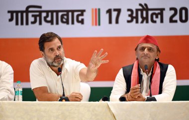 GHAZIABAD, INDIA - APRIL 17: Congress Leader Rahul Gandhi and Samajwadi Party Chief Akhilesh Yadav addressing a joint press conference of INDIA parties at Kaushambi on April 17, 2024 in Ghaziabad, India.  clipart