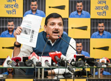 NEW DELHI, INDIA - APRIL 16, 2024: Aam Aadmi Party (AAP) leader Sanjay Singh during a press conference on Electoral Bonds scheme, at AAP party head office at ITO Rouse Avenue on April 16, 2024 in New Delhi, India. (Photo by Raj K Raj/Hindustan Times) clipart