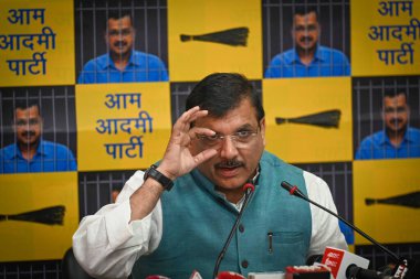 NEW DELHI, INDIA - APRIL 20, 2024: AAP Rajya Sabha MP Sanjay Singh speaks during a press conference at AAP Headquarters, DDU Marg, on April 20, 2024 in New Delhi, India. Sanjay Singh assailed the BJP, alleging that it took Rs 60 crore. clipart