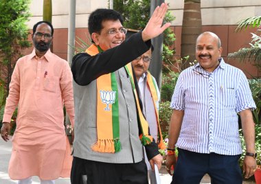 NEW DELHI, INDIA - APRIL 1: Union Minister Piyush Goyal arrives to attend the BJP manifesto committee meeting ahead of the upcoming Lok Sabha elections, at BJP HQ, on April 1, 2024 in New Delhi, India.  clipart