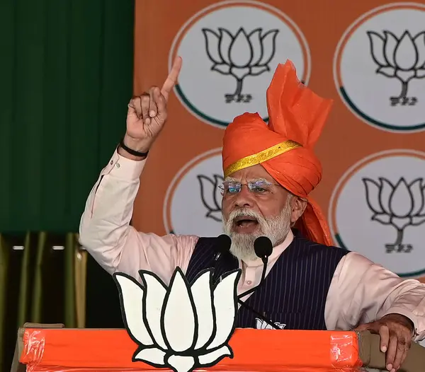 stock image UDHAMPUR, INDIA - APRIL 12, 2024:  Prime Minister Narendra Modi addresses a public rally ahead of Lok Sabha Election   on April 12, 2024 in Udhampur, India. 