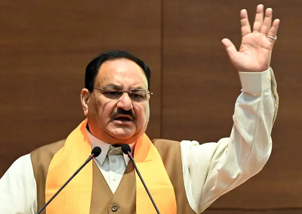 stock image NEW DELHI, INDIA - APRIL 27, 2024: BJP National Party President JP Nadda addresses the Sikh peoples during the Delhi 7 members of Delhi Sikh Gurdwara Management Committee Jasmin Singh Noni, Parminder Singh Lucky, Bhupender Singh Ginni.