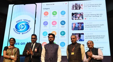 NEW DELHI, INDIA - MARCH 13, 2024: Union Minister for Information & Broadcasting and Youth Affairs & Sports Anurag Singh Thakur and Secretary, Ministry of Information and Broadcasting, Sanjay Jaju and others launching revamped websites of DD News. clipart