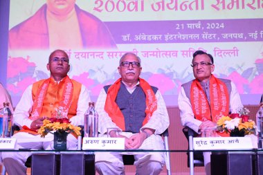 NEW DELHI, INDIA - 21 Mart 2024: Sah-Sarkaryavah RSS Arun Kumar, All India Dayanand Seva Ashram Sangh Başkanı Jai Bharat Maruti Surendra Kumar Arya Limited Başkanı, Anil Aggarwal Delhi Eyaleti Sanghchalak, RSS, Vinay Kumar Vidyalkar.