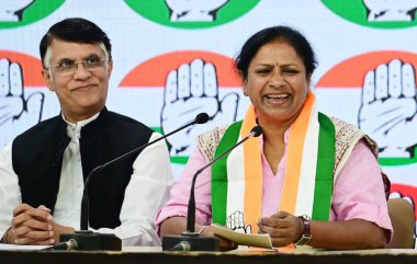 NEW DELHI, INDIA - MARCH 30: Tejaswini Gowda from Karnataka, joins Congress Party in the presence of party leader Pawan Khera at AICC, on March 30, 2024 in New Delhi, India. Days after resigning as an MLC (member of legislative council) in Karnataka clipart