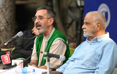 NEW DELHI, INDIA - MARCH 22: Adv. Prashant Bhushan, Supreme Court, Prof. Jagdeep Chhokar, Association of Democratic Reforms, Anjali Bharadwaj, Common Cause, Nitin Sethi, Reporters Collective addressing a press conference on the final disclosures  clipart