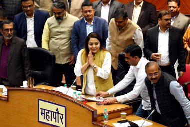 NEW DELHI, INDIA - MAY 14: Delhi Mayor Shelly Oberoi during BJP councillors protesting at the Delhi Government during the MCD House meeting at civic center on May 14, 2024 in New Delhi, India.  clipart