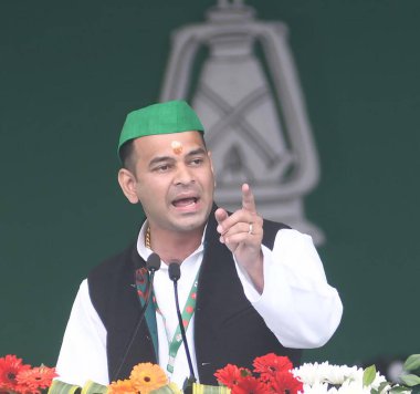 PATNA, INDIA - MARCH 3: RJD leader Tej Pratap Yadav addressing during the RJD's 'Jan Vishwas Maha Rally at Gandhi Maidan, on March 3, 2024 in Patna, India. The leaders of the Indian National Developmental Inclusive Alliance (INDIA) clipart