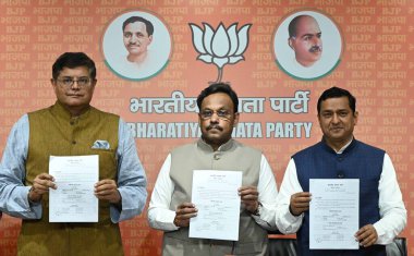 NEW DELHI, INDIA - MARCH 2, 2024: General secretary of Bharatiya Janata Party, Vinod Tawde, Vice President BJP Baijayant Jay Panda, MP Anil Baluni, during the announcements the BJP First List of Candidates for lok sabha seats at BJP Headquarter. clipart