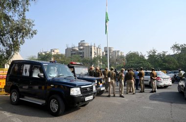 NEW DELHI, INDIA - MARCH 14, 2024: Delhi police and Gautam Buddha Nagar police force deployed at Noida-Delhi Chilla border to stop farmers rally, on March 14, 2024 in New Delhi, India. Punjab farmers have gathered at Ramlila Maidan. clipart