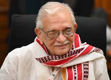 NEW DELHI, INDIA - MARCH 13, 2024: Eminent Urdu Writer and Lyrics Gulzar addressing the Birth Tercentenary Seminar on Mir Taqi Mir, during the Sahityotsav at Sahitya Akademi office on March 13, 2024 in New Delhi, India. clipart