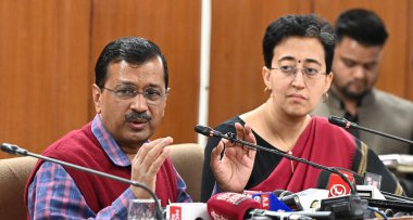 NEW DELHI, INDIA - MARCH 4, 2024:  Delhi chief minister Arvind Kejriwal along with Delhi finance minister Atishi Marlena addressing media persons after presenting the Delhi budget 2024-25, at Vidhan Sabha  on March 4, 2024 in New Delhi, India clipart