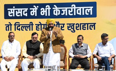 NEW DELHI, INDIA - MARCH 8, 2024: Punjab Chief Minister Bhagwant Mann addressing the Delhi Chief Minister Arvind Kejriwal along with party Leader Gopal Rai, and Four Lok Sabha candidate, During the lunching Lok Sabha election campaign  clipart