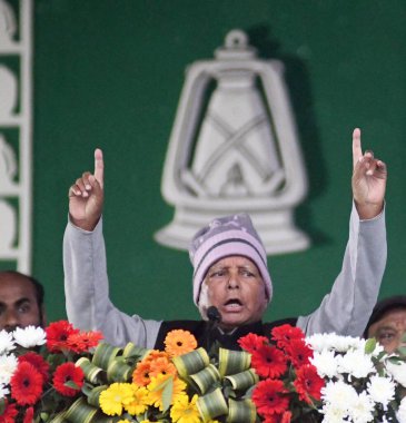 PATNA, INDIA - MARCH 3: RJD Chief Lalu Prasad Yadav during the RJD's 'Jan Vishwas Maha Rally at Gandhi Maidan, on March 3, 2024 in Patna, India. The leaders of the Indian National Developmental Inclusive Alliance (INDIA) clipart