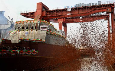 KOLKATA, INDIA - MARCH 13, 2024: Launching of two ASW SWC warships for the Indian Navy built by Garden Reach Shipbuilder & Engineers Ltd (GRSE) at Garden Reach on March 13, 2024 in Kolkata, India.  clipart