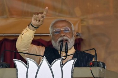 NORTH 24 PARGANAS, INDIA - MARCH 6, 2024: Prime Minister Narendra Modi addresses during Narishakti Vandana Rally organised by Bharatiya Janata Party and Bharatiya Janata Mohila Morcha at Barasat on March 6, 2024 in North 24 Parganas, India   clipart