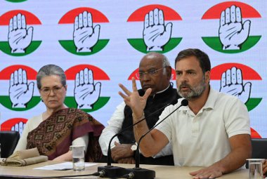 NEW DELHI, INDIA - MARCH 21, 2024: Congress President Mallikarjun Kharge with party leaders Sonia Gandhi Rahul Gandhi, KC Venugopal, Ajay Maken and Jairam Ramesh during a press conference over freezing of Congress party's bank accounts at AICC HQ. clipart